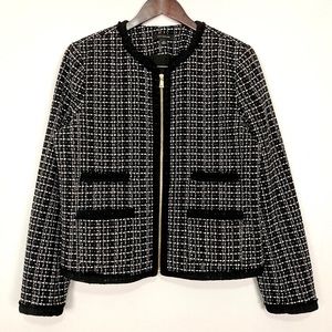 Ann Taylor Wool Black and White Tweed Blazer Zip Front Jacket 14